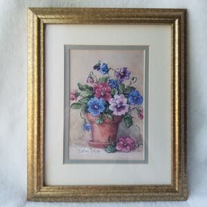 Barbara Mock Pansy Pot Floral Art Print Gold Framed Flowers Small Vintage